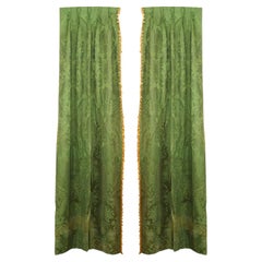 19th Century Victorian Green Damask Drapes with Gold Tassel Fringe