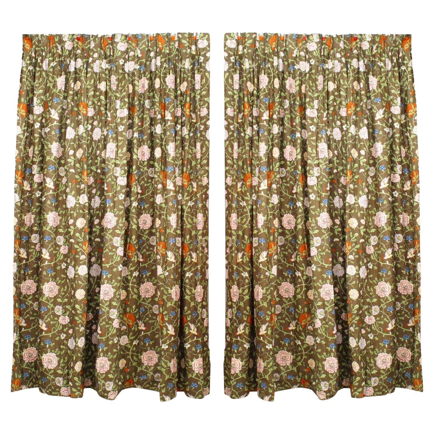 Victorian Cotton Drapes with Flowering Vine Pattern, 19th Century Pair