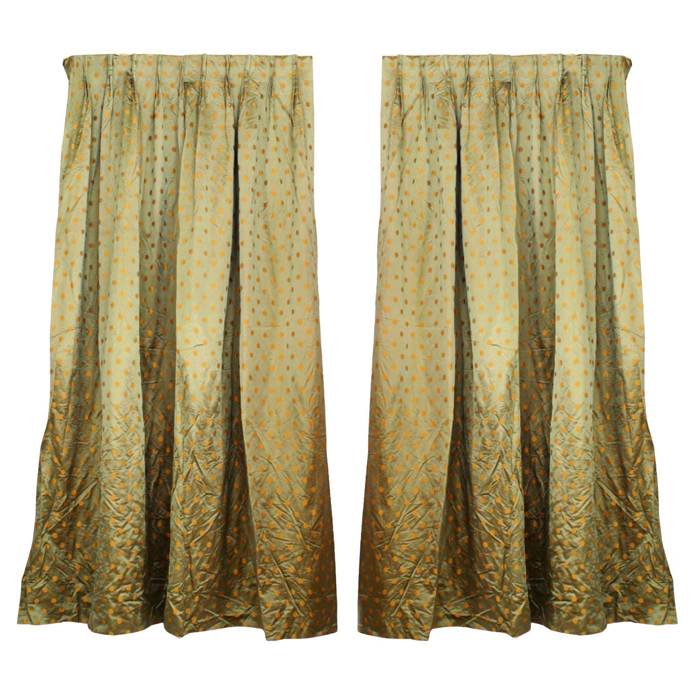 Victorian Green Silk Drapes with Gold Flower Pattern, 19th Century
