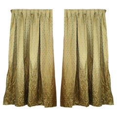 Victorian Green Silk Drapes with Gold Flower Pattern, 19th Century