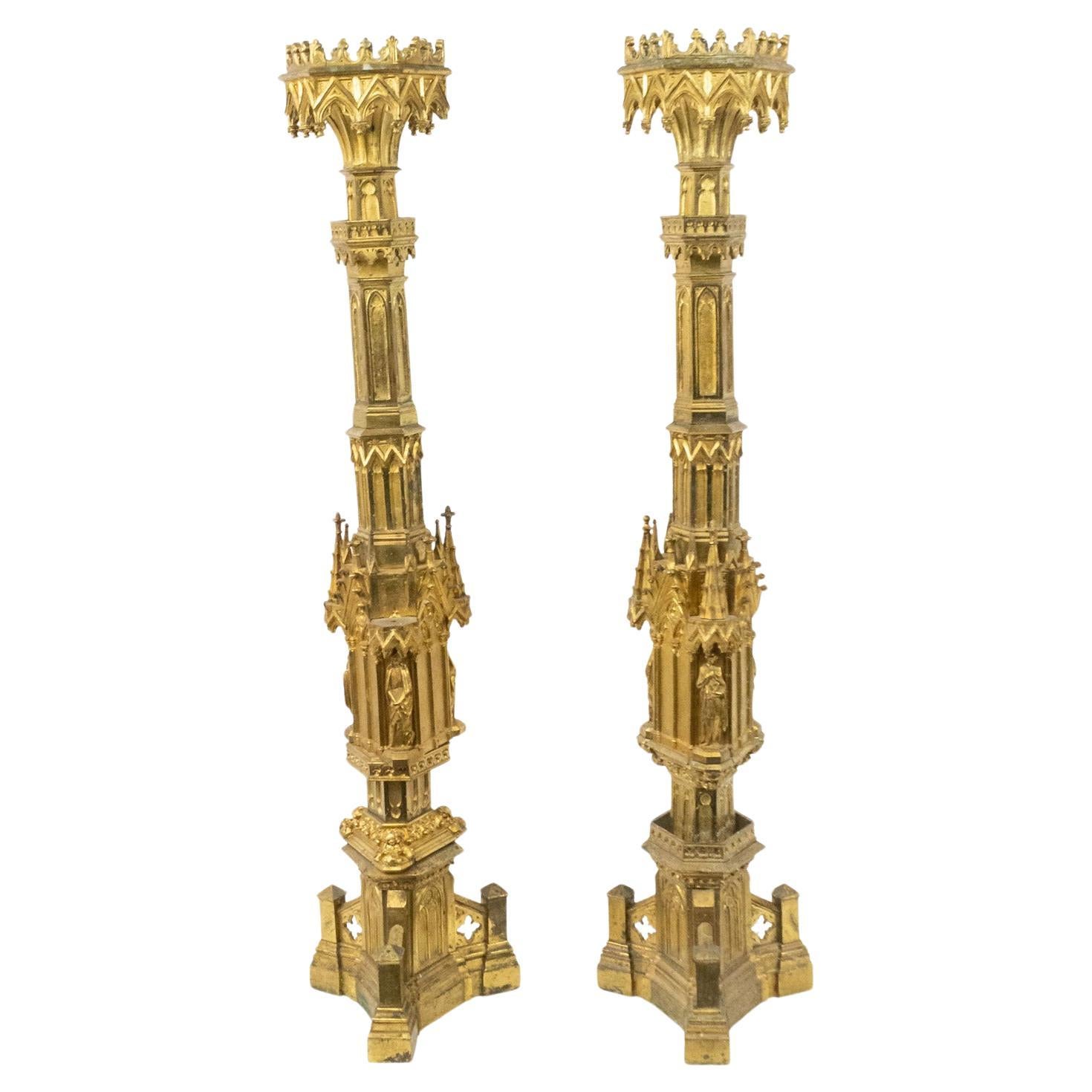 English Gothic Style Bronze Dore Altar Candlesticks