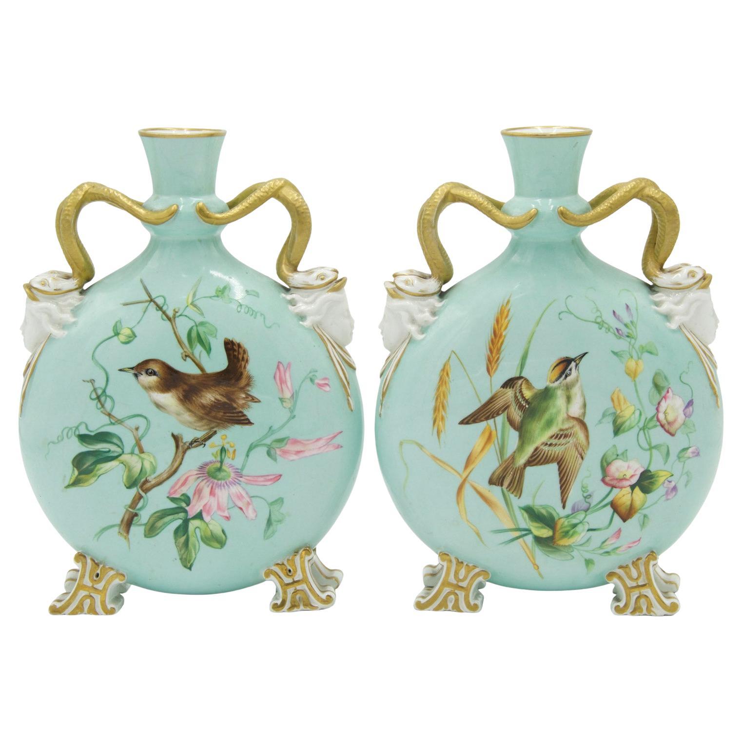 Pair of English Victorian Celadon Porcelain Vases For Sale