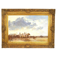 Victorian Oil Painting of Jockeys at Race Track in Gold Frame