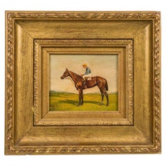 Dipinto inglese raffigurante un cavallo da campagna e un fantino, cornice dorata, XIX secolo