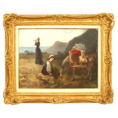 A Rest on the Journey, Victorian Oil Painting of Women with Donkey