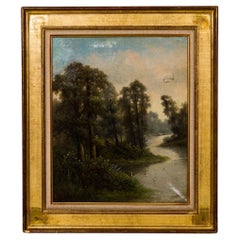 19th Century English Victorian Oil Painting of Stream and Trees
