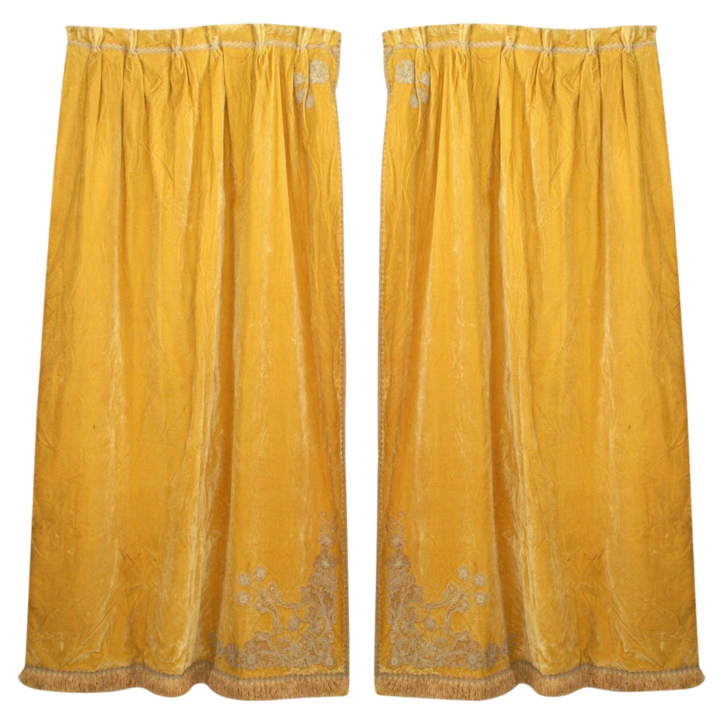 Pair of English Georgian Style Gold Velvet Fringe Lace Drapes