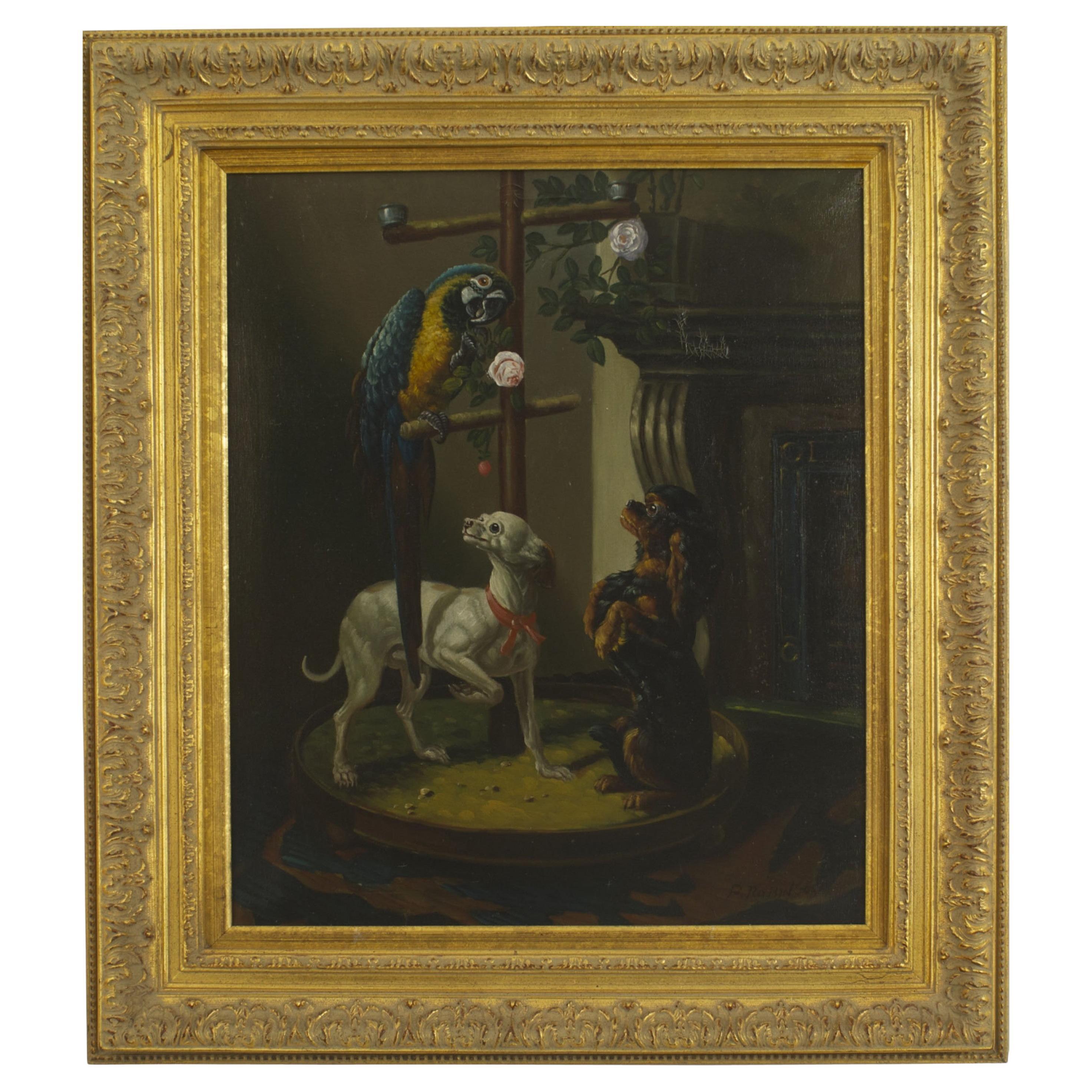 French Victorian Oil Painting of Dogs and Parrot, 19th Century, Framed For Sale