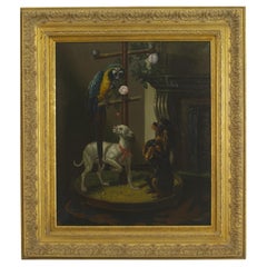 French Victorian Oil Painting of Dogs and Parrot, 19th Century, Framed