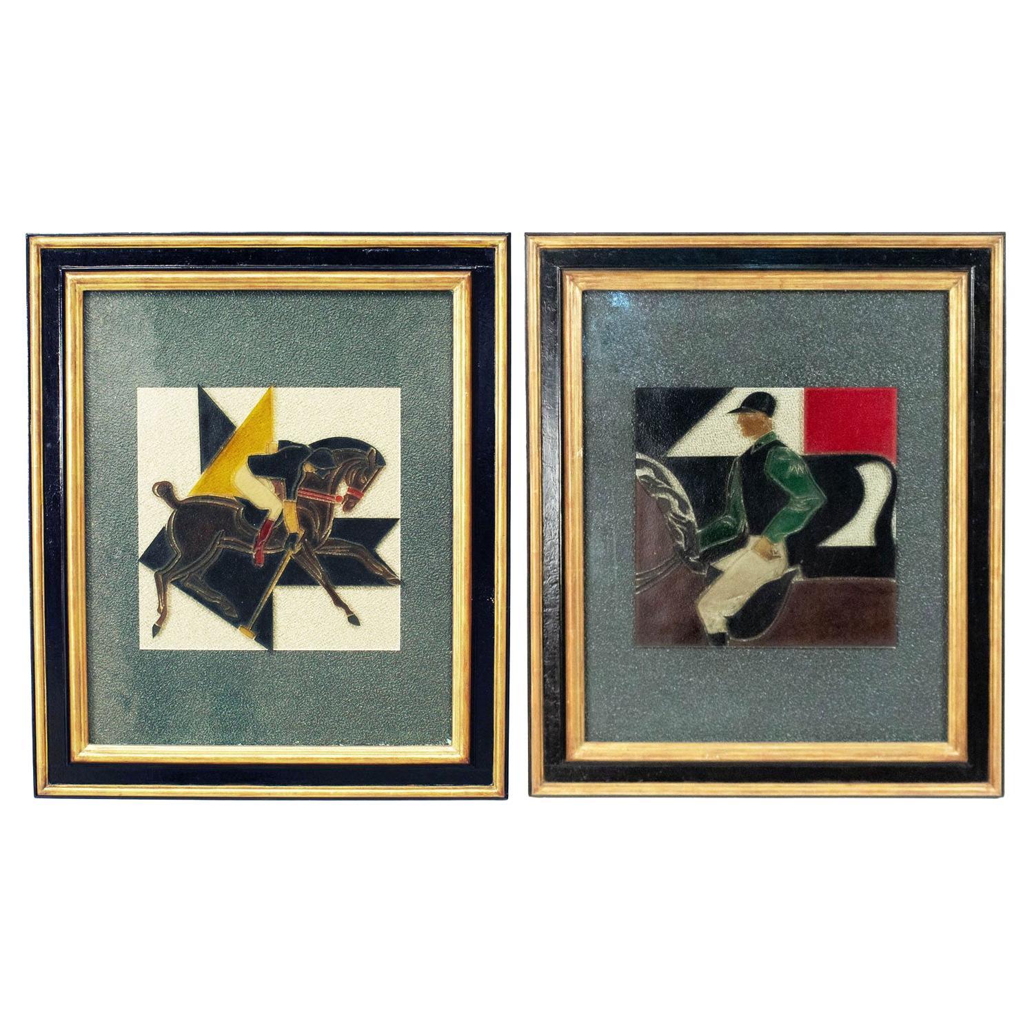 Pair of French Etched Polo Player Wall Plaques For Sale