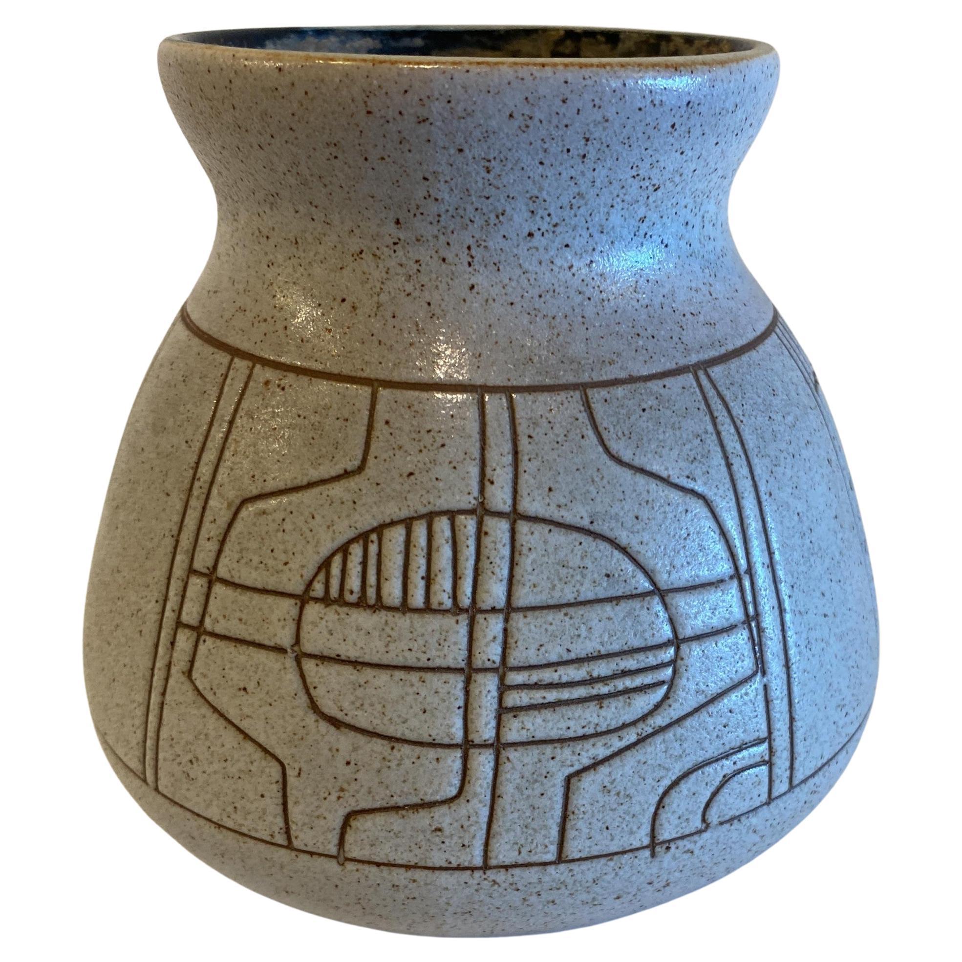 Israeli Mid-Century Lapid Sgraffito Glazed Ceramic Vase For Sale
