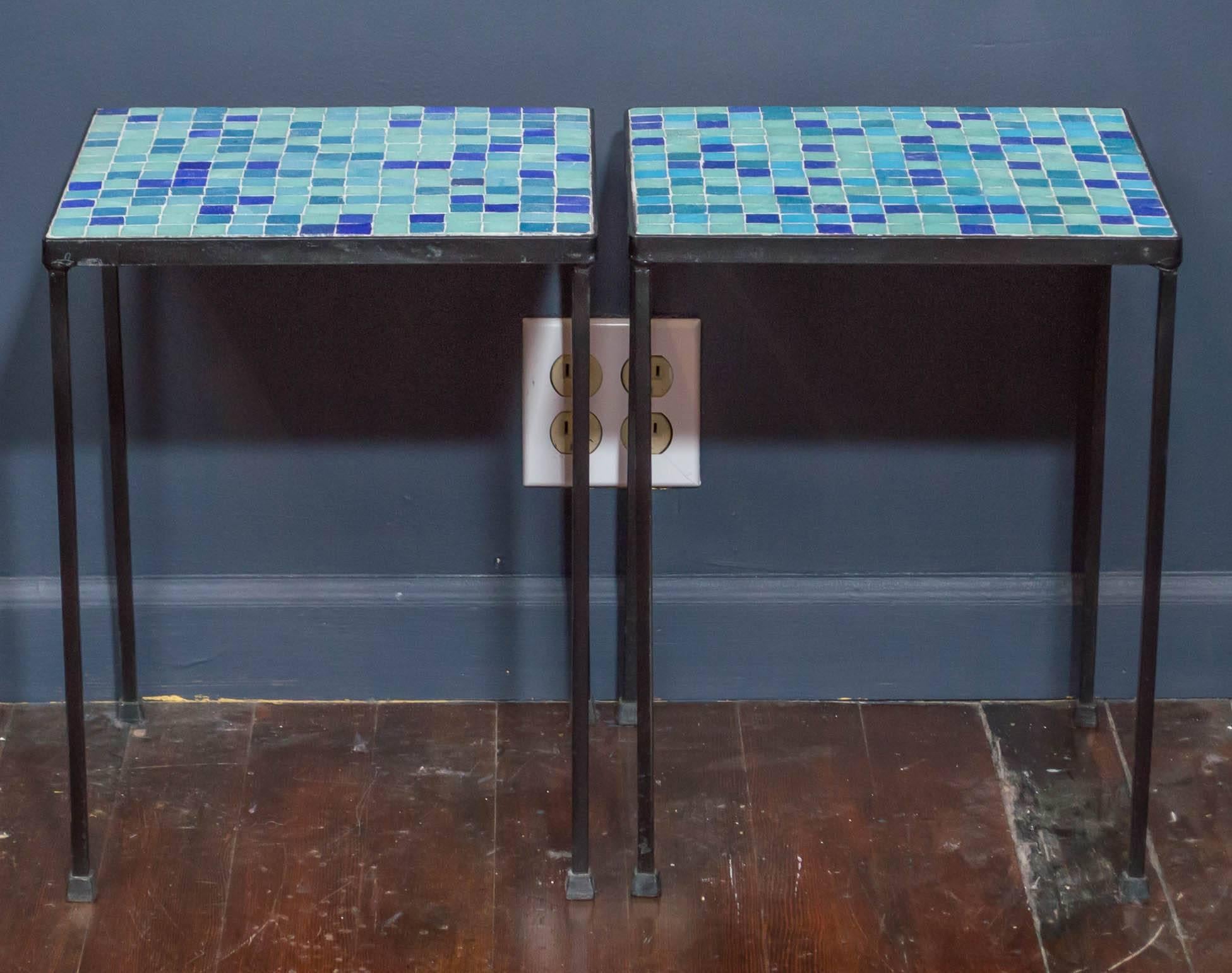 Colorful and modern mosaic glass side tables in steel frames, Italy.