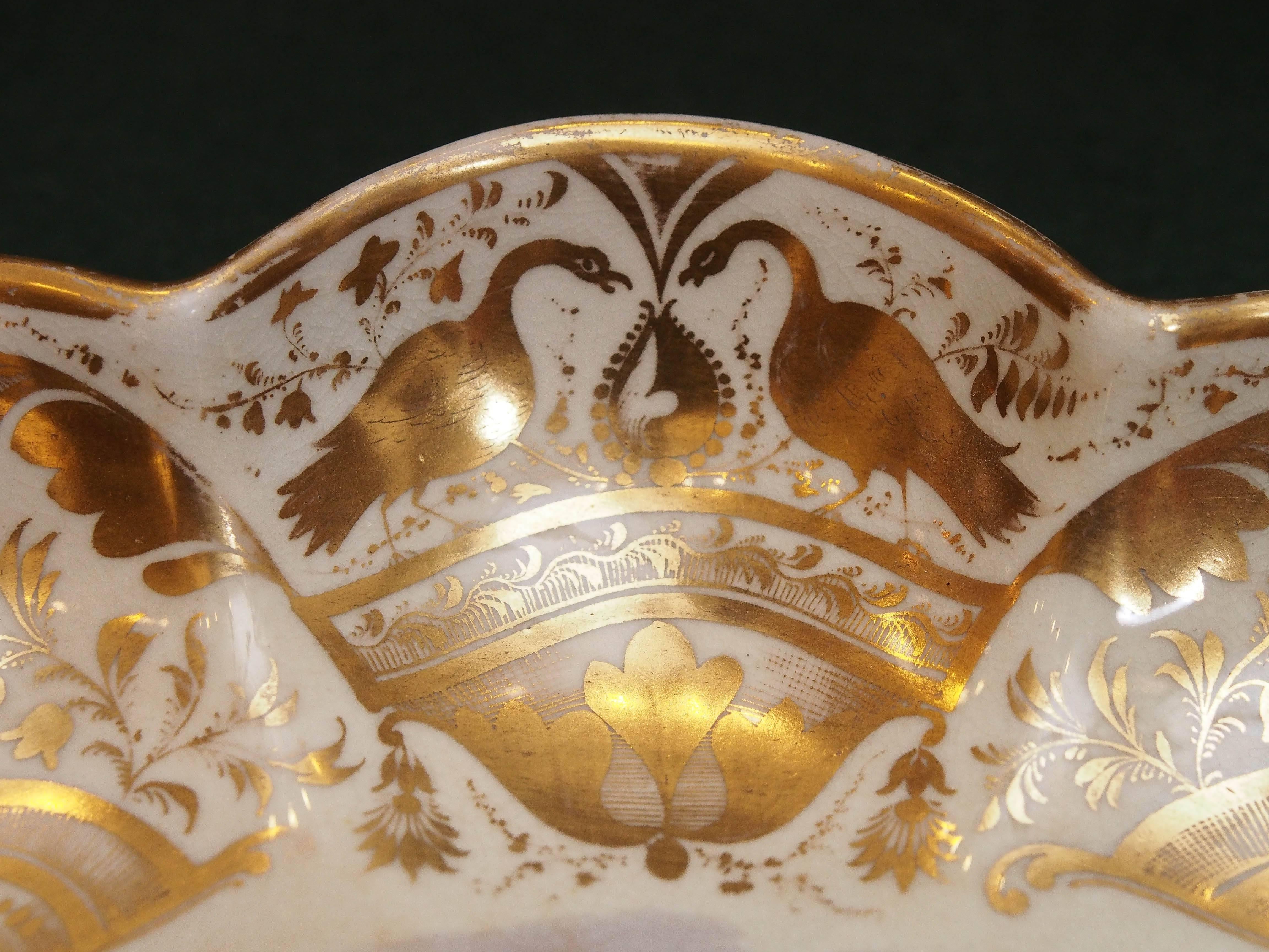 English Derby Scalloped Dish with Pastoral Scene and Gilt Decoration For Sale