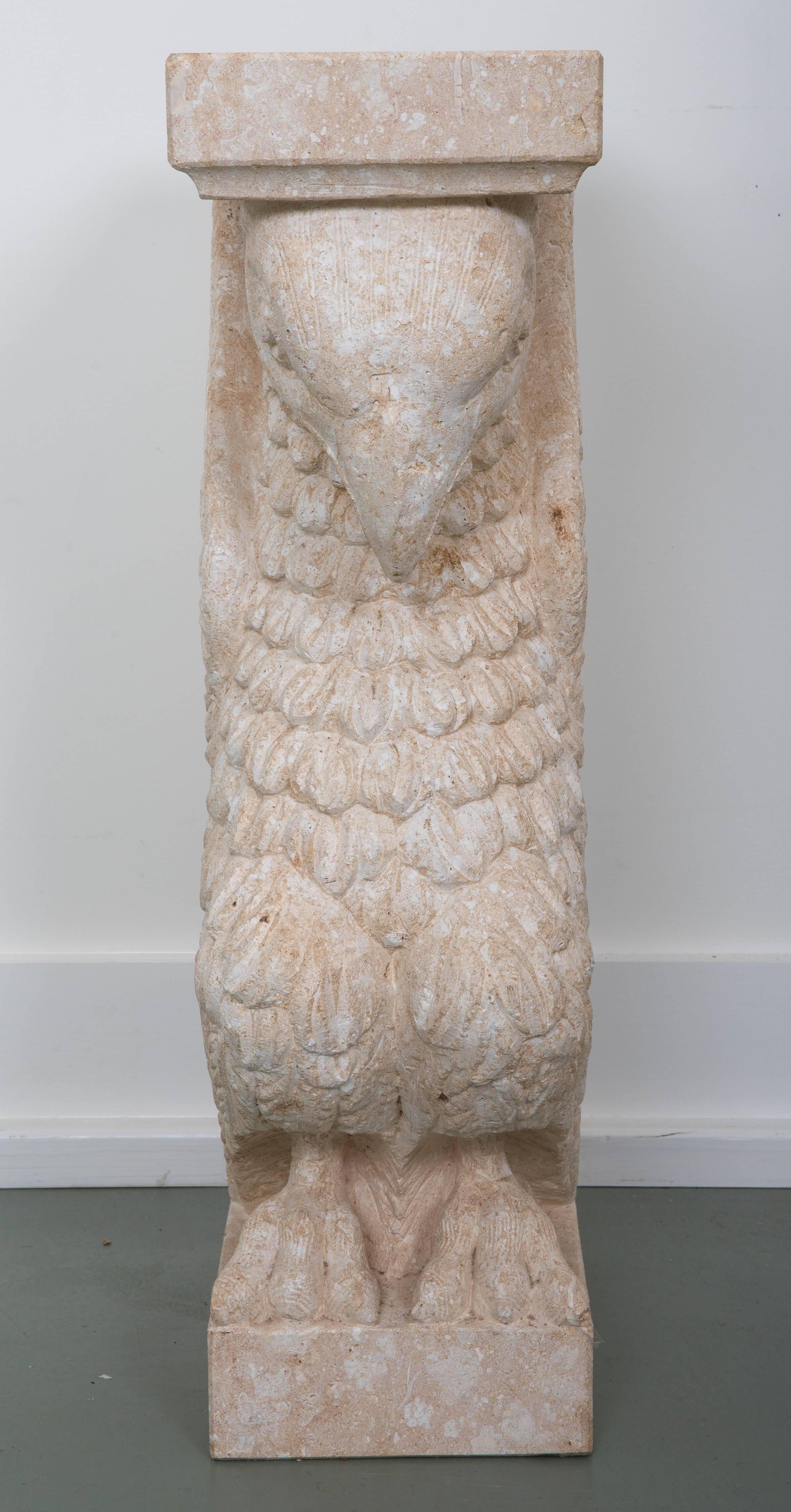 Carved stone bases, great detail in feathers and faces. One base has medium chip on back at bottom, small chips midway up column. Glass has some scratches. Can be used indoor or outdoor.