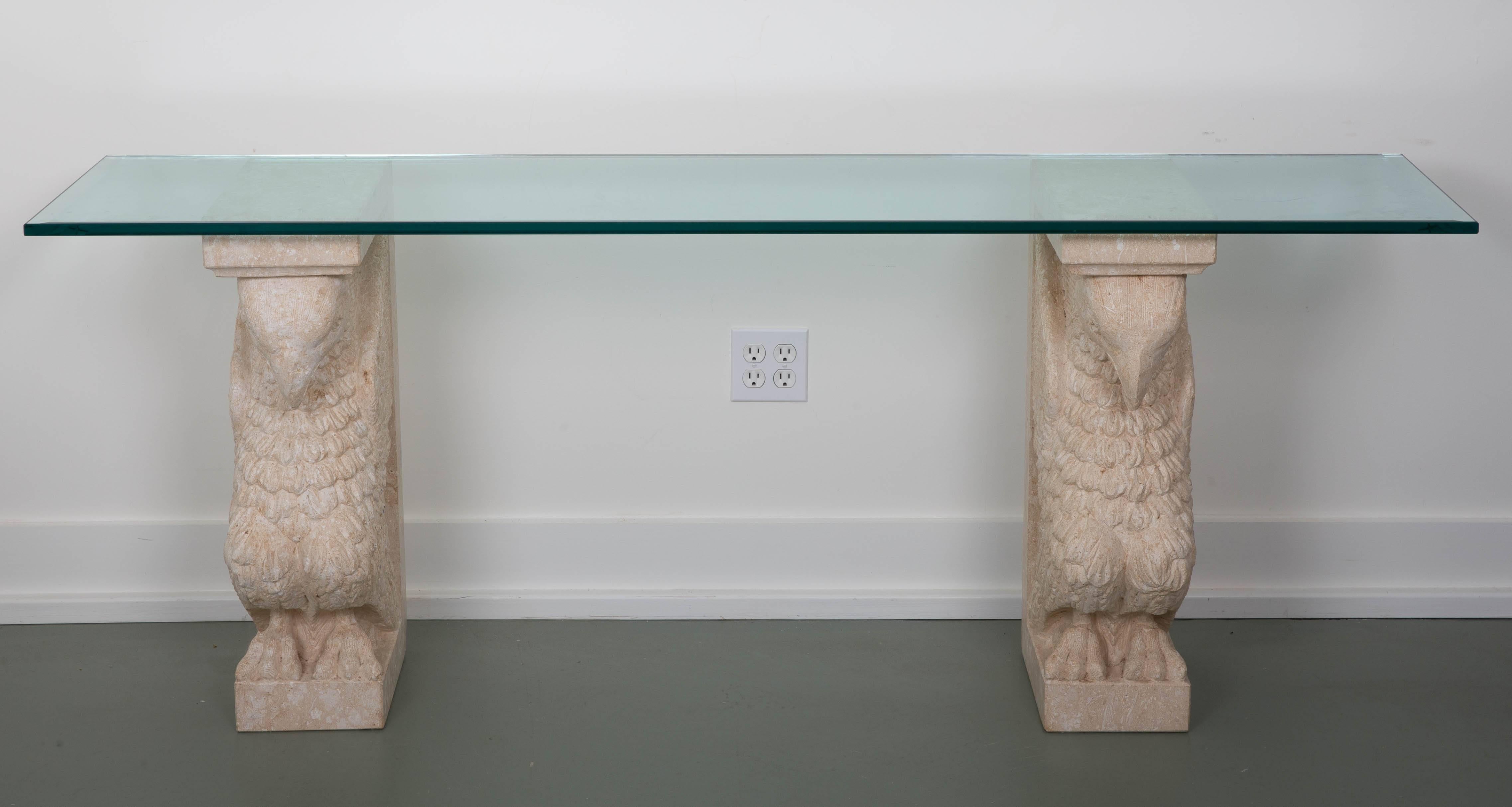 20th Century Griffon Double Base Console Table with Beveled Glass Top