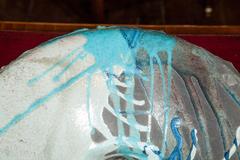 Contemporary Circular Ceramic Sardinian Raku Bowl blue, grey, green, black