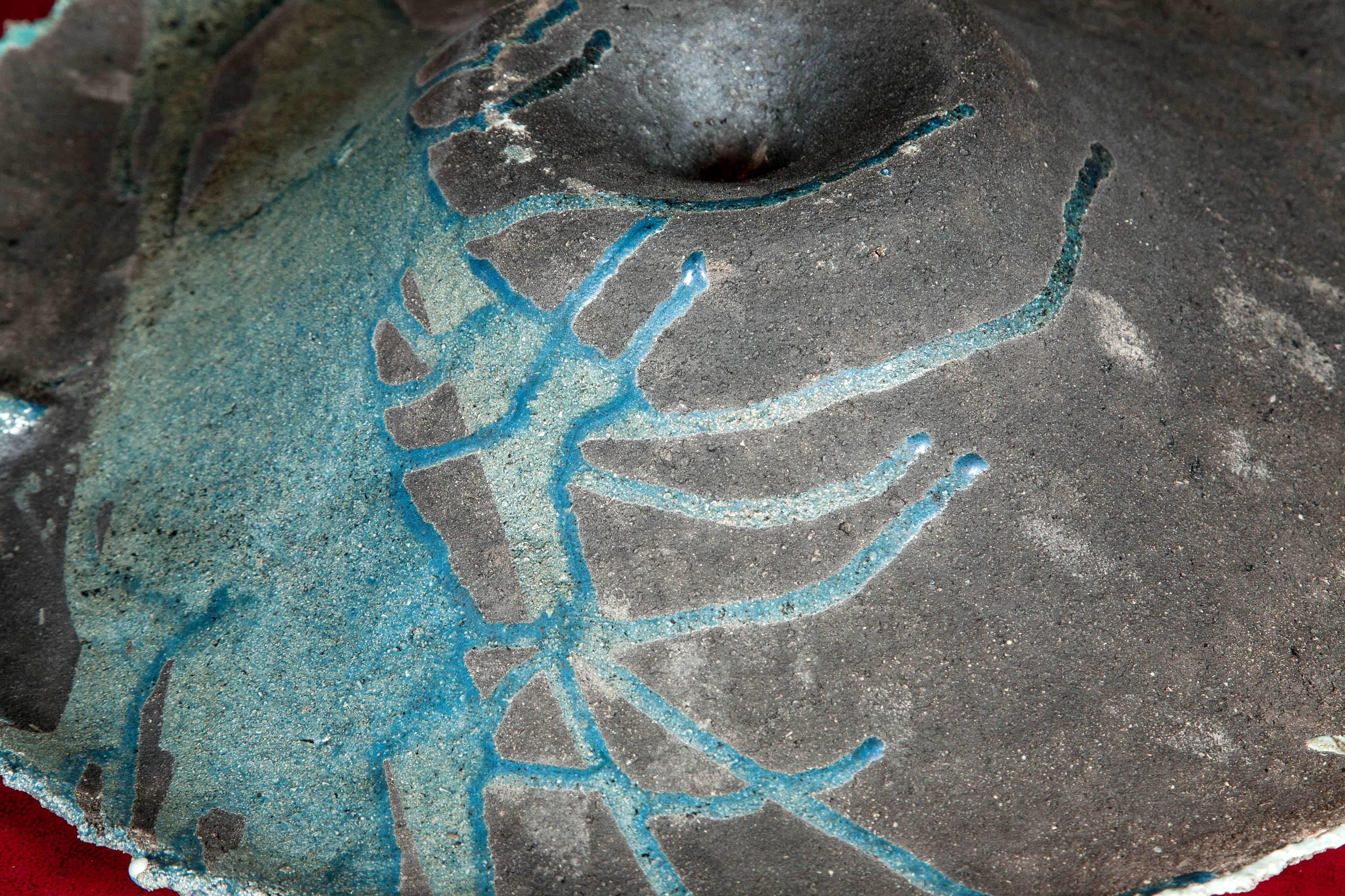 Contemporary Circular Ceramic Sardinian Raku Bowl blue, grey, green, black For Sale 4