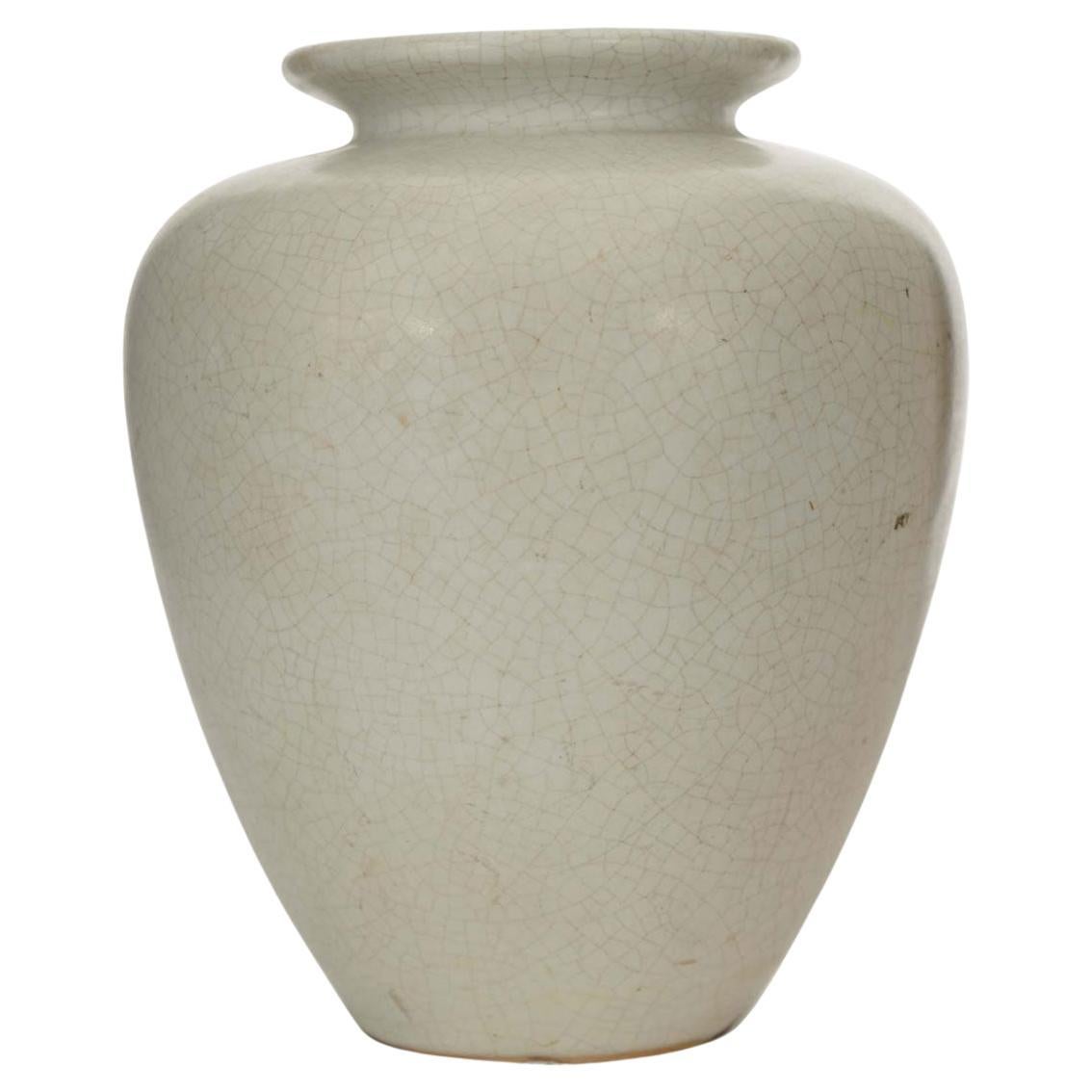 Beige Crackle Glazed Ceramic Vase, Urn-Shaped, Modern 20th Century