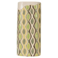 20th Century Modern Ceramic Vase, Green and Beige Pattern, Oval Base
