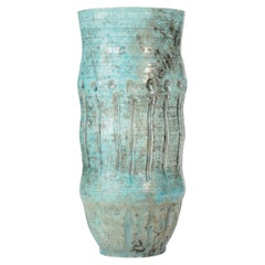Modern Ceramic Vase, Turquoise and Gray Glaze, Decorative Ridges, USA