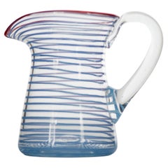 Modern Glass Pitcher, Blue Stripes with Red Rim, USA, 20th Century