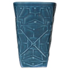 Blue Glazed Ceramic Vase with Geometric Design, 20th Century USA