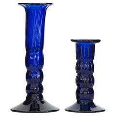 Pair of Mid-Century Modern Blue Blown Glass Candlesticks, USA, 7.25”