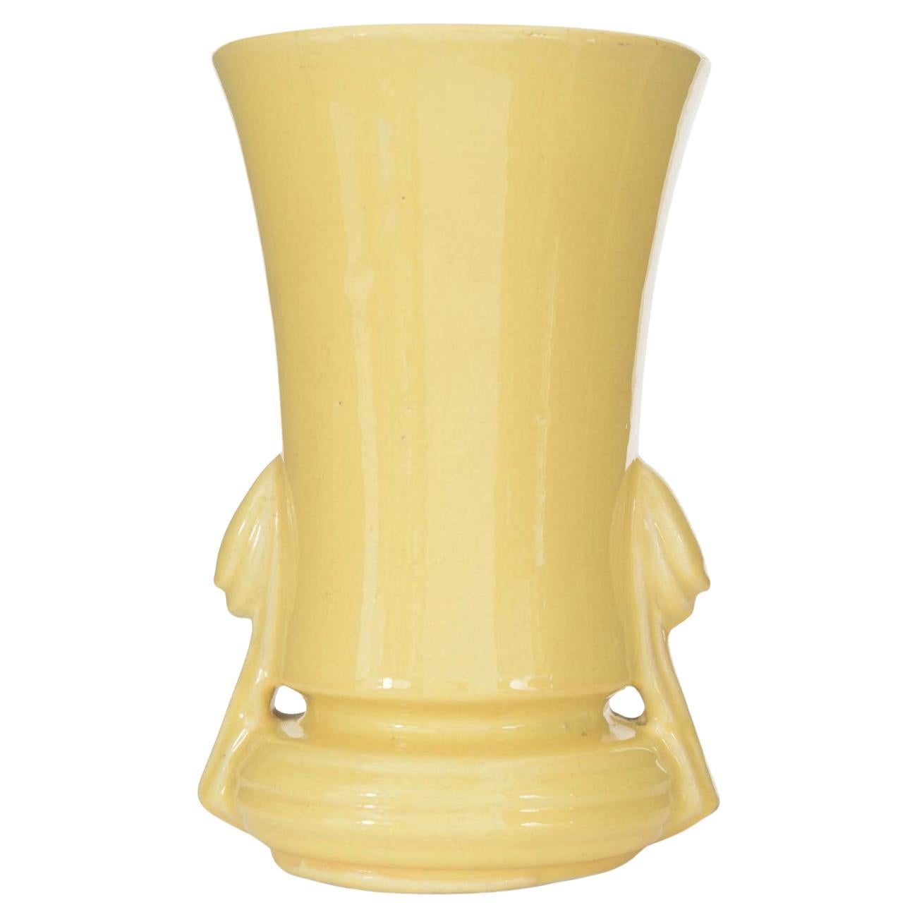 Vintage Art Deco Yellow Glazed Ceramic Urn Vase, Ribbed Base, USA