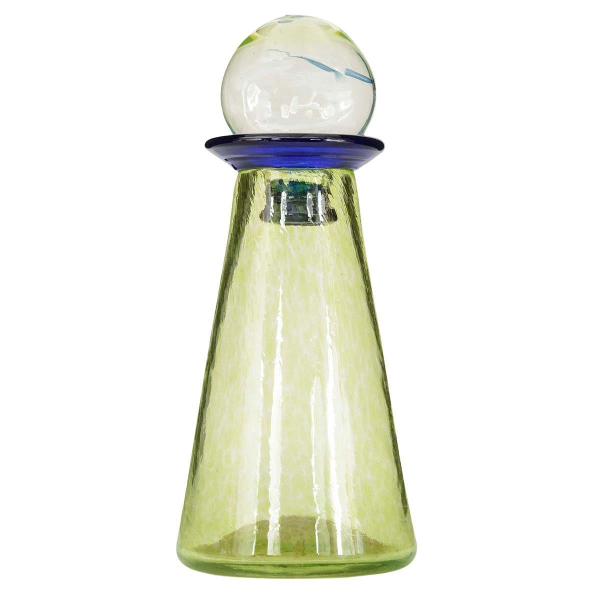 Modern Glass Decanter, Green and Blue Tinted, Tapered Design, USA For Sale