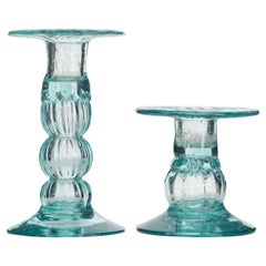 Pair of Graduated Light Green Vintage Glass Candlesticks