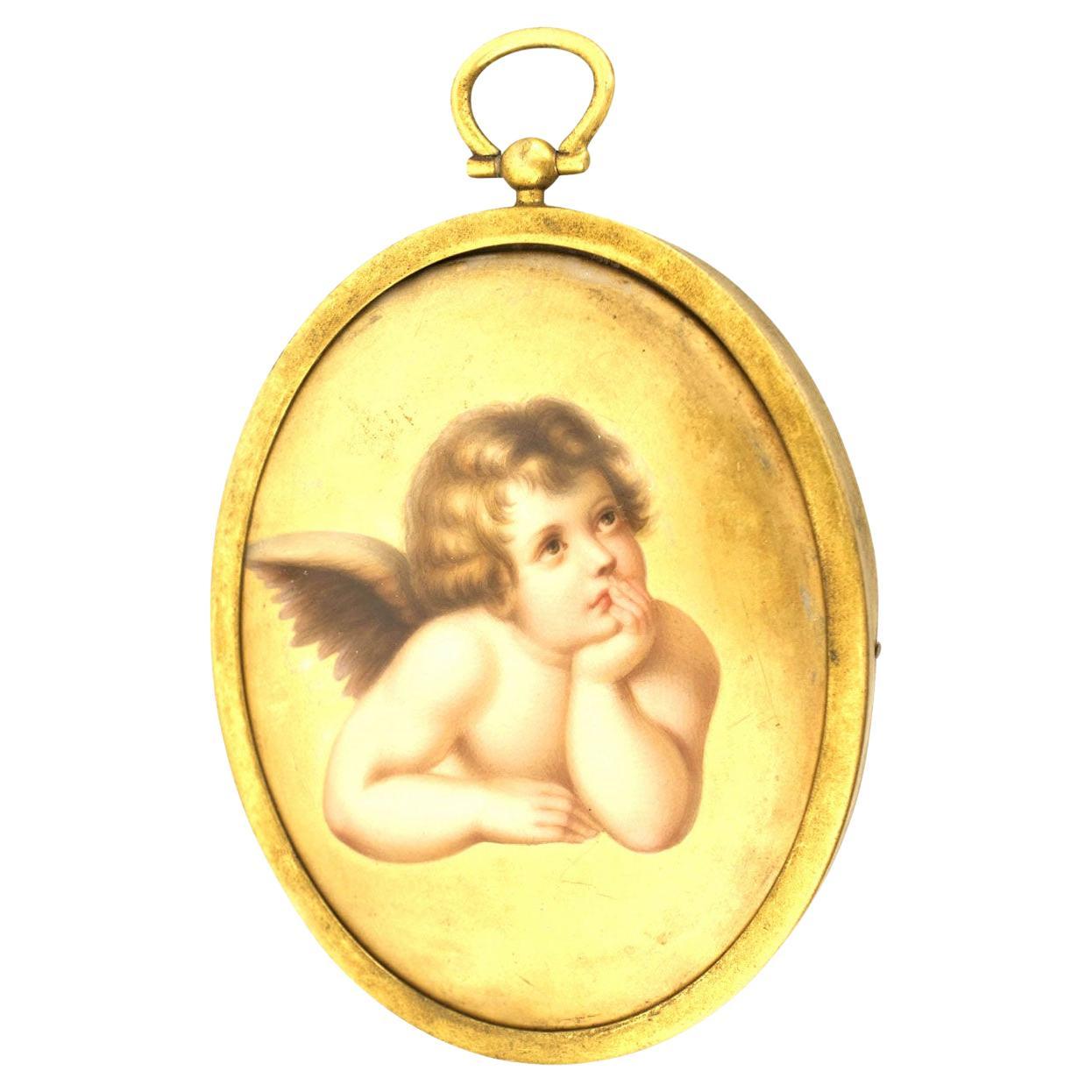 French Victorian Cupid Plaque, Gold Porcelain, 19th Century, Oval For Sale