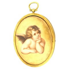 French Victorian Cupid Plaque, Gold Porcelain, 19th Century, Oval