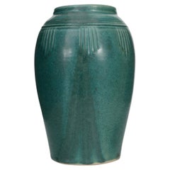 Art Deco Green Glazed Ceramic Vase, Embossed Design, USA, 20th Century