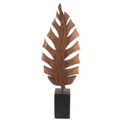 Contemporary Wooden Leaf Sculpture on Metal Base, Modern Design, USA