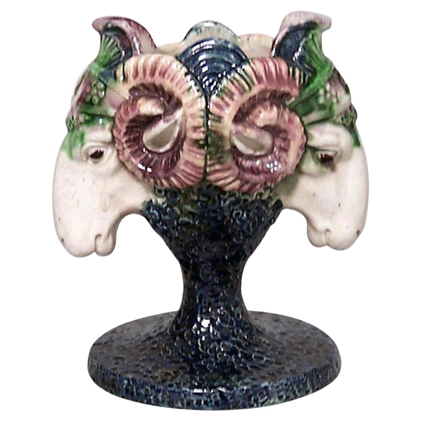 English Victorian Majolica Porcelain Ram Vase