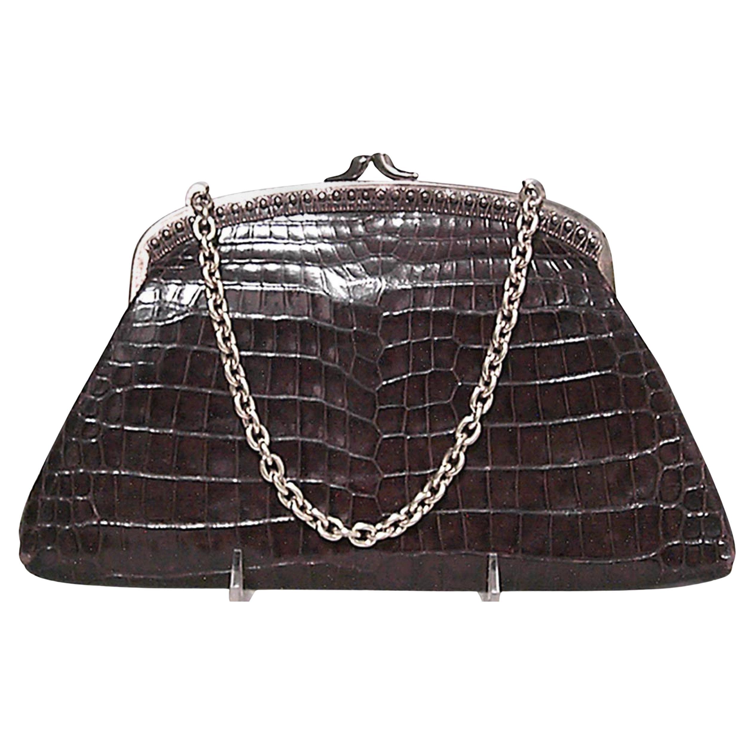 Engish Art Deco Crocodile Handbag For Sale