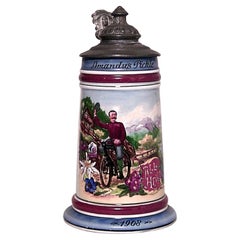 Chope à bière allemande en porcelaine de style Biedermeier du XXe siècle, avec couvercle en étain