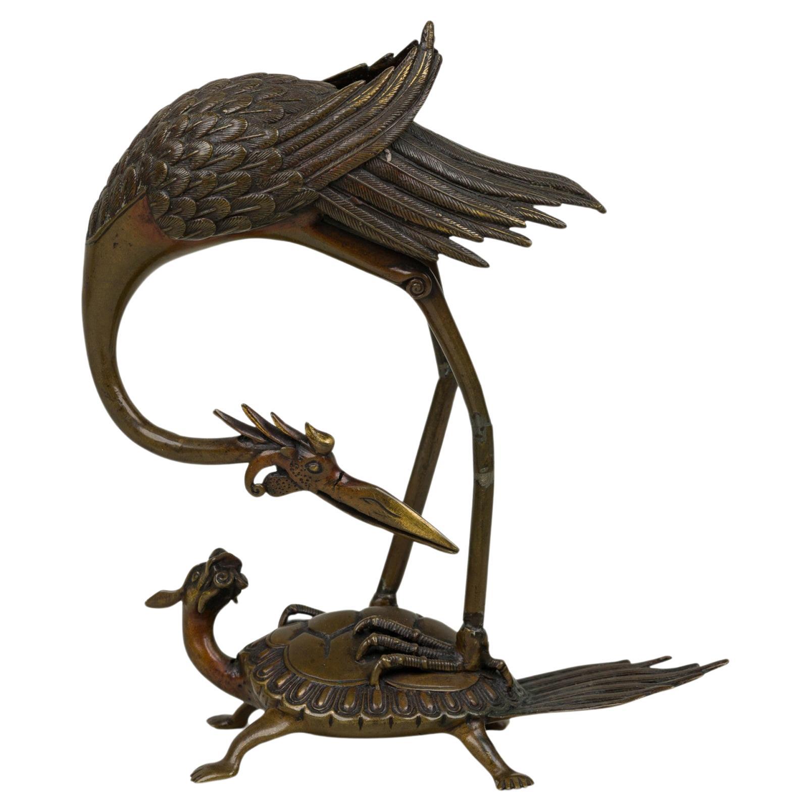 Japanese Bronze Buddhist Turtle and Crane Figurine For Sale