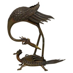 Japanese Bronze Buddhist Turtle and Crane Figurine