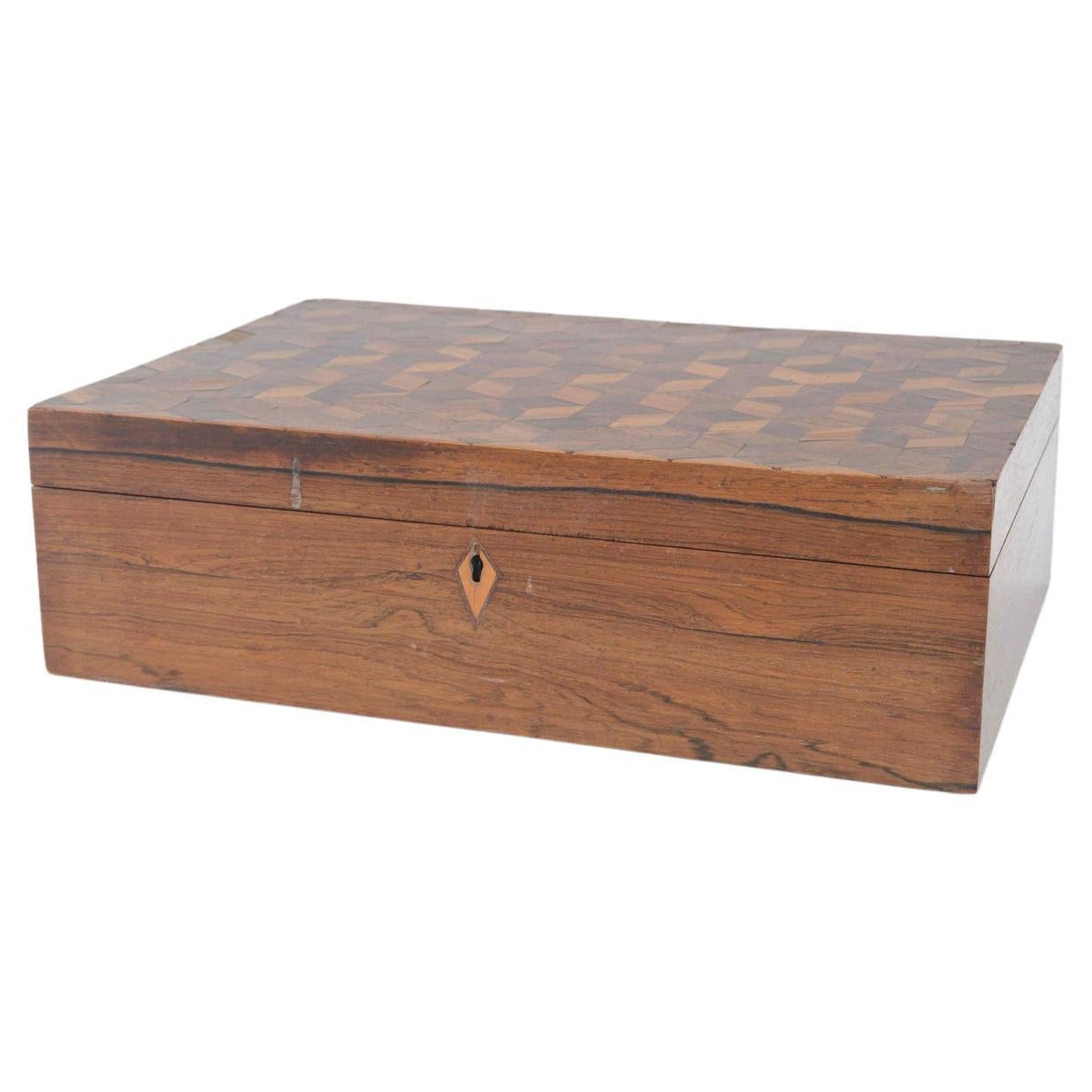 English Victorian Rosewood Box, Geometric Inlay, Nine Compartments, UK For Sale
