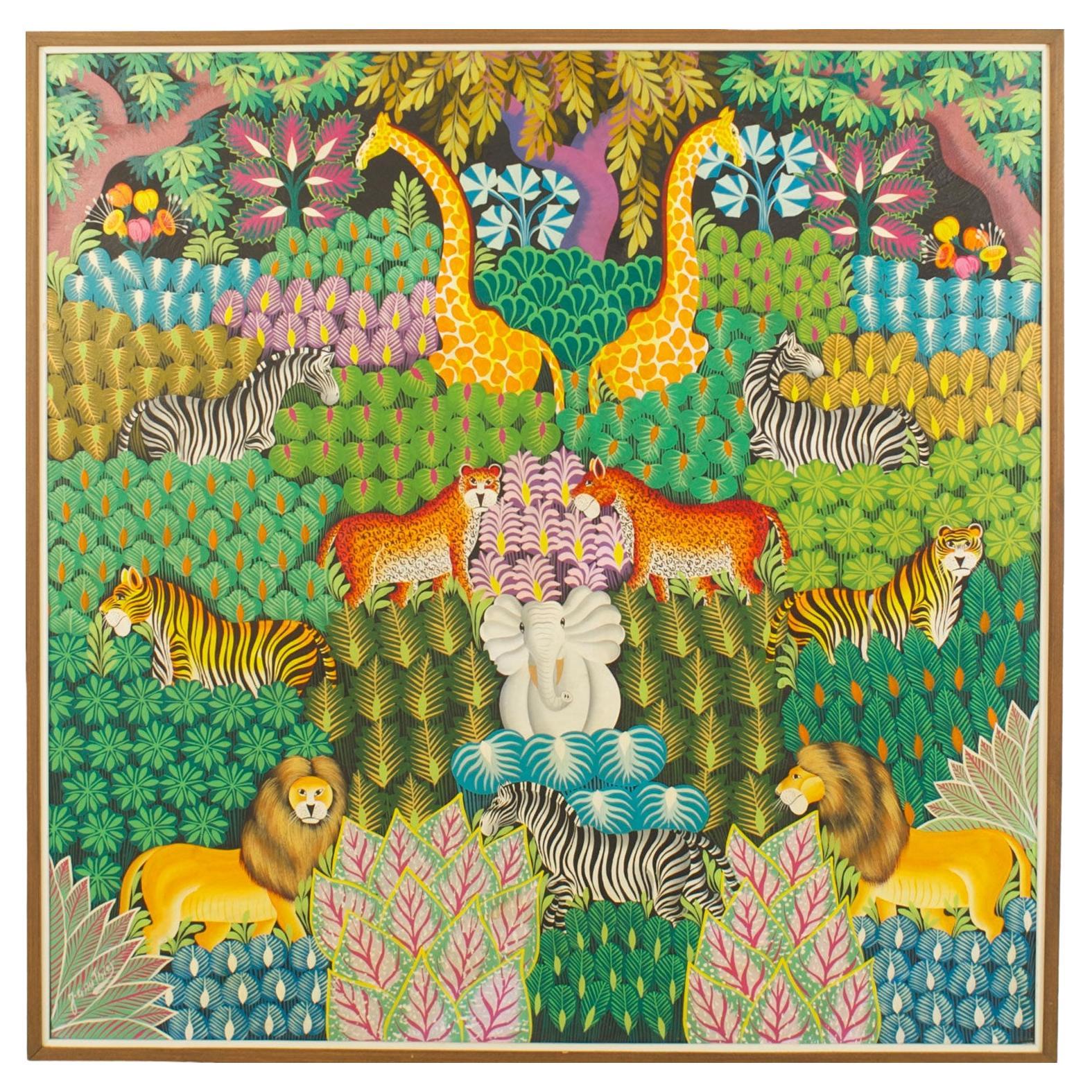 Haitian Jungle Scene Acrylic Painting, Tribal Style, 20th Century
