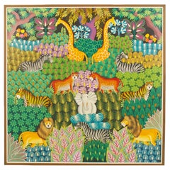 Haitian Jungle Scene Acrylic Painting, Tribal Style, 20th Century