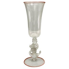 19th Century Venetian Murano Glass Goblet with Swan Base and Red Trim