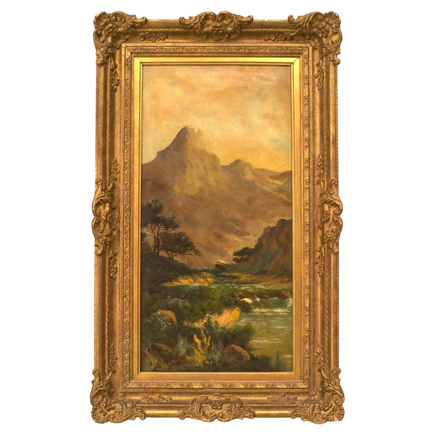 English Victorian Landscape of Mountains and Stream For Sale