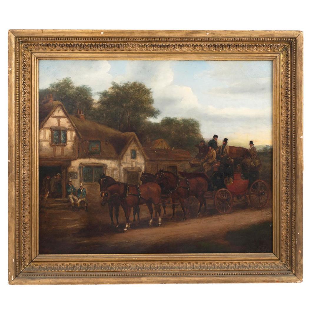 Country Victorian Oil Painting of Horse Carriage, 19th Century, Framed