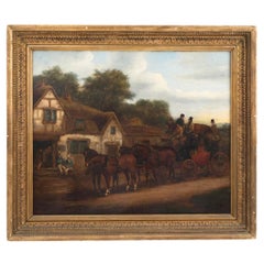 Country Victorian Oil Painting of Horse Carriage, 19th Century, Framed