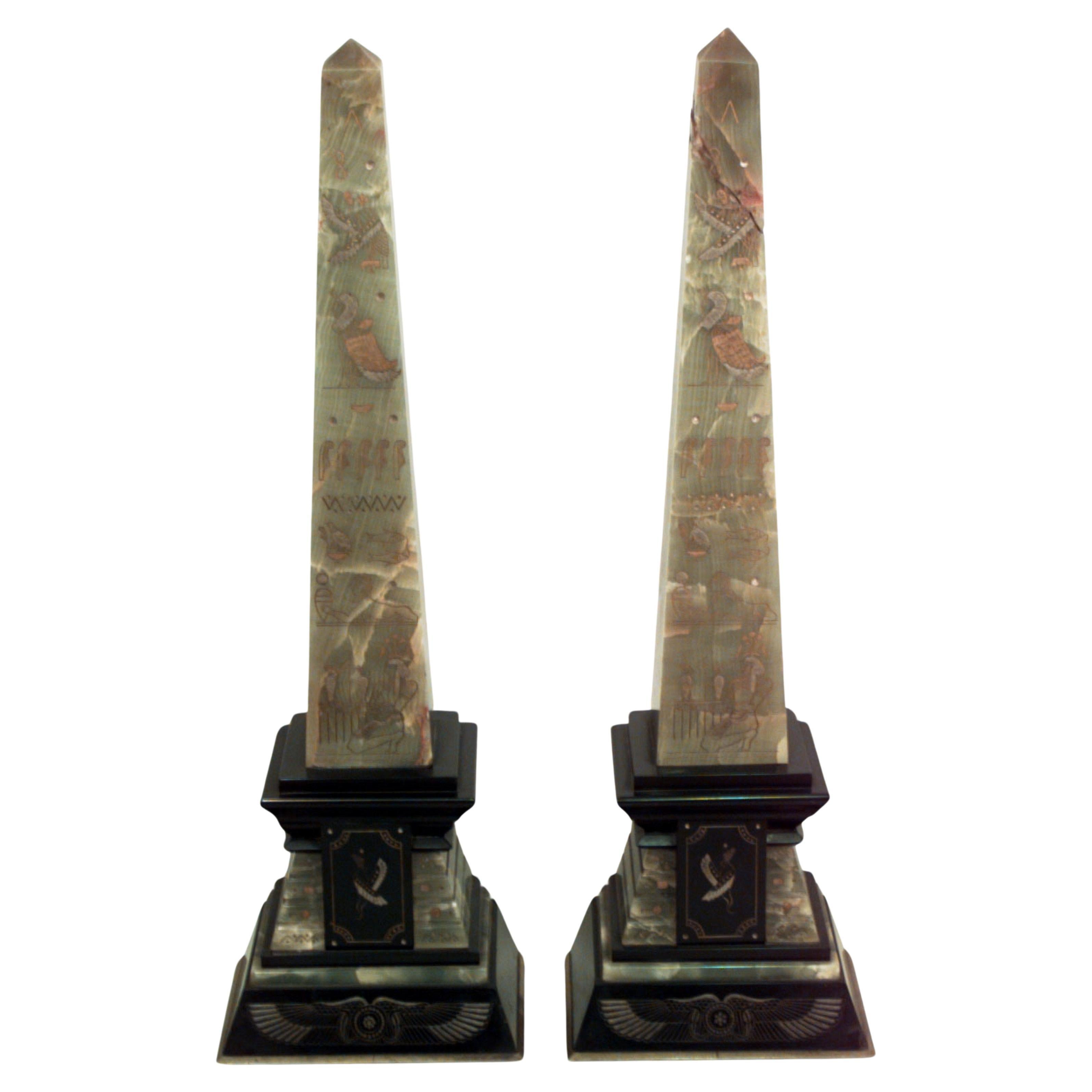 Pair of Egyptian Green Onyx and Black Marble Obelisks
