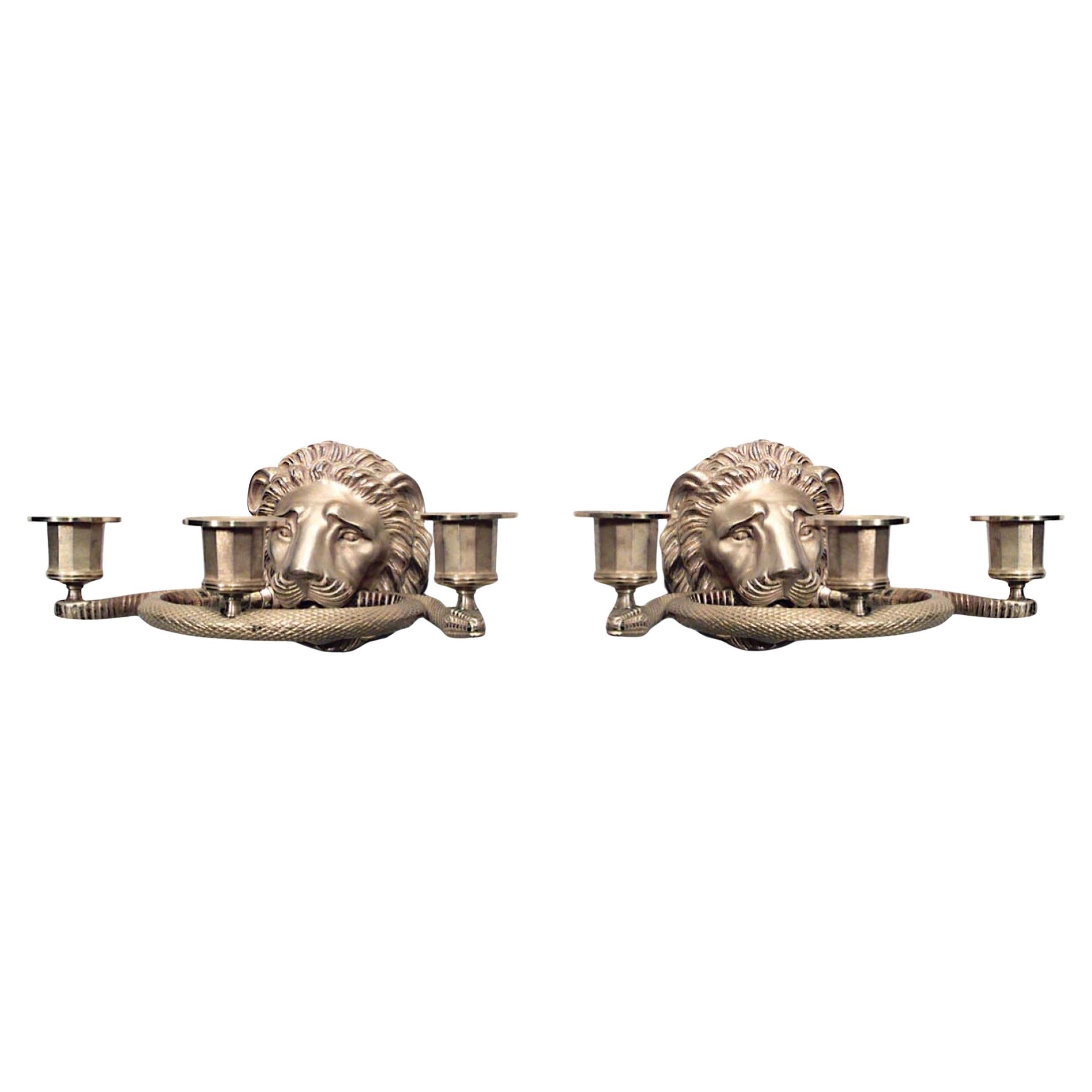 English Regency Style Gilt Lion Head and Snake Wall Sconces For Sale