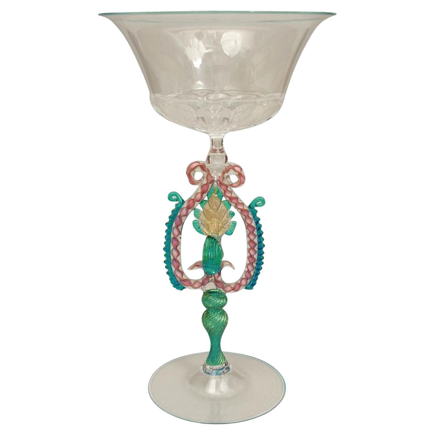 19th Century Venetian Murano Glass Goblet, Aqua Blue & Pink Pedestal
