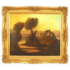 English Victorian Oil Painting of Lady by a Stream